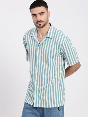 men's blue cuban collar relaxed fit striped shirt 3