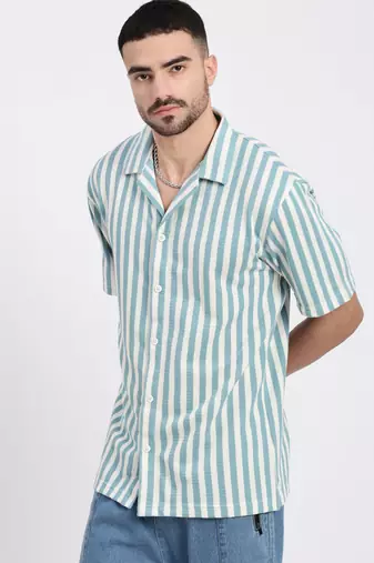 men's blue cuban collar relaxed fit striped shirt