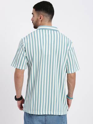 men's blue cuban collar relaxed fit striped shirt 4
