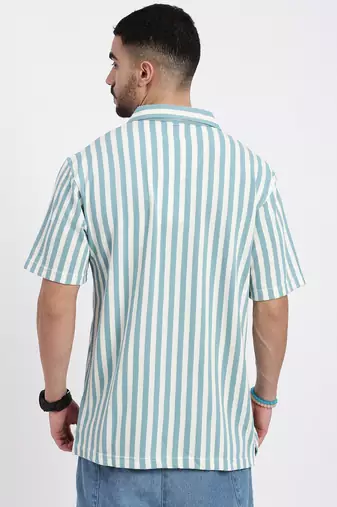 men's blue cuban collar relaxed fit striped shirt