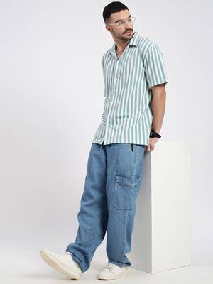 men's blue cuban collar relaxed fit striped shirt 5