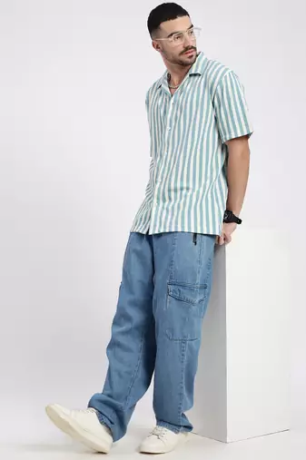 men's blue cuban collar relaxed fit striped shirt