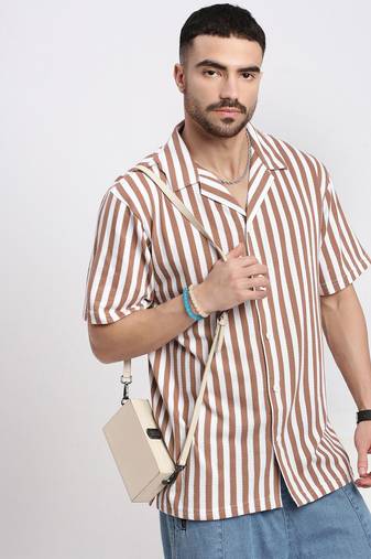 men's brown cuban collar relaxed fit striped shirt