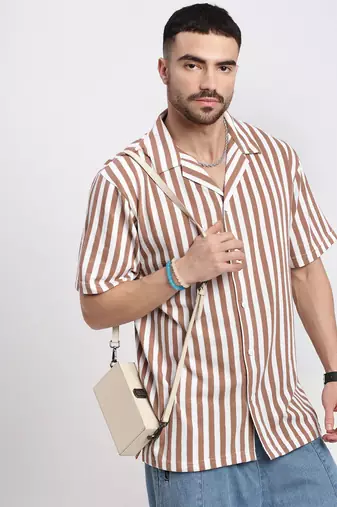 men's brown cuban collar relaxed fit striped shirt