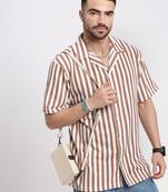 men's brown cuban collar relaxed fit striped shirt