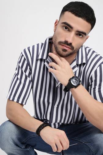 men's grey cuban collar relaxed fit striped shirt