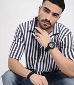 men's grey cuban collar relaxed fit striped shirt