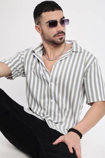 men's grey cuban collar relaxed fit striped shirt