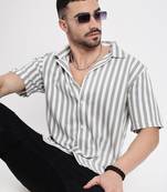 men's grey cuban collar relaxed fit striped shirt