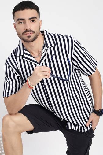 men's navy blue cuban collar relaxed fit striped shirt