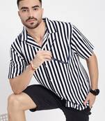men's navy blue cuban collar relaxed fit striped shirt