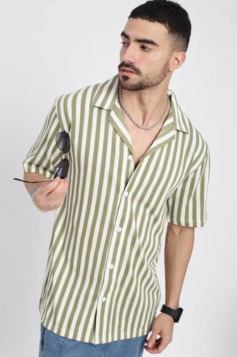 men's olive cuban collar relaxed fit striped shirt