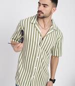 men's olive cuban collar relaxed fit striped shirt