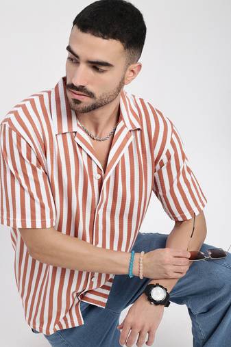 men's orange cuban collar relaxed fit striped shirt