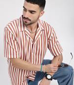 men's orange cuban collar relaxed fit striped shirt