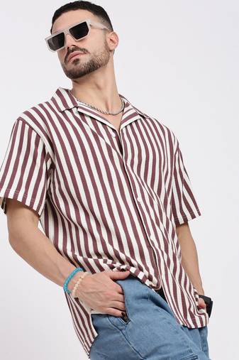 men's purple cuban collar relaxed fit striped shirt