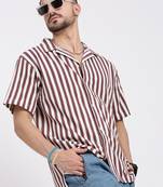 men's purple cuban collar relaxed fit striped shirt