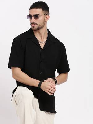 men's black cuban collar relaxed fit solid shirt 1