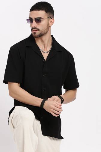 men's black cuban collar relaxed fit solid shirt