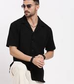 men's black cuban collar relaxed fit solid shirt