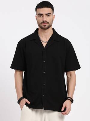 men's black cuban collar relaxed fit solid shirt 2