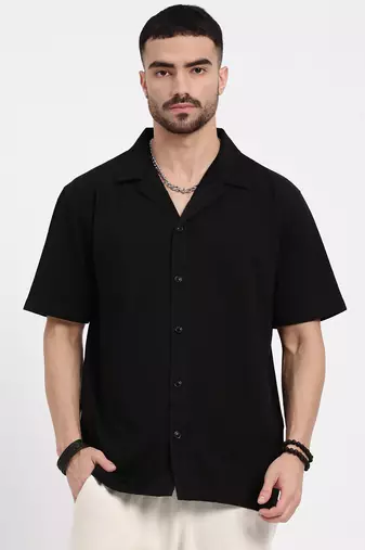 men's black cuban collar relaxed fit solid shirt