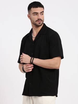 men's black cuban collar relaxed fit solid shirt 3
