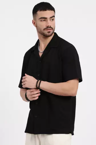 men's black cuban collar relaxed fit solid shirt
