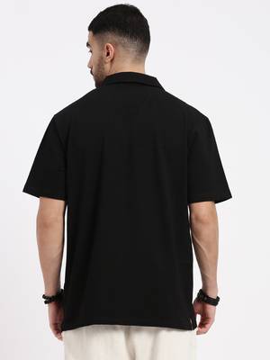 men's black cuban collar relaxed fit solid shirt 4