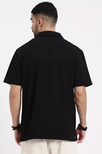 men's black cuban collar relaxed fit solid shirt