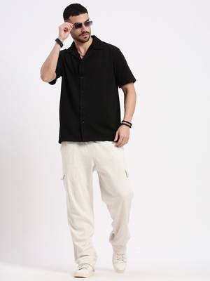 men's black cuban collar relaxed fit solid shirt 5