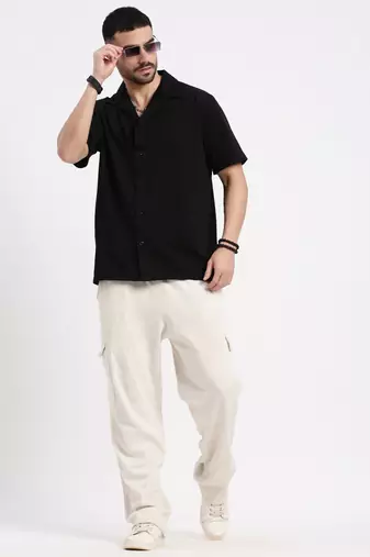 men's black cuban collar relaxed fit solid shirt