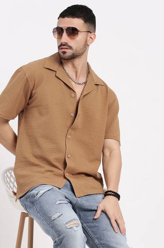 men's camel brown cuban collar relaxed fit solid shirt
