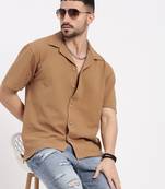 men's camel brown cuban collar relaxed fit solid shirt