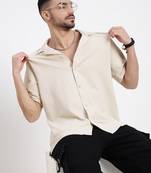 men's cream cuban collar relaxed fit solid shirt