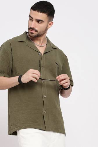 men's olive cuban collar relaxed fit solid shirt