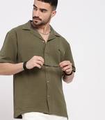 men's olive cuban collar relaxed fit solid shirt