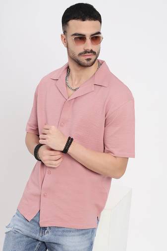 men's pink cuban collar relaxed fit solid shirt