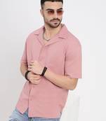 men's pink cuban collar relaxed fit solid shirt
