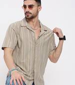 men's beige cuban collar relaxed fit striped shirt