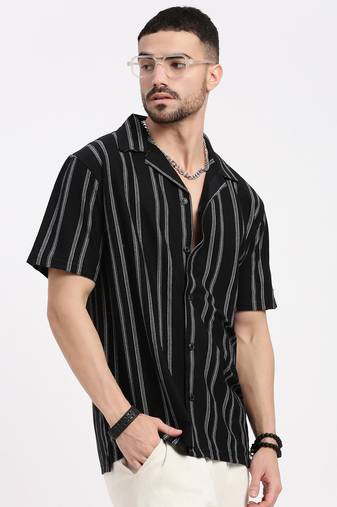 men's black cuban collar relaxed fit striped shirt