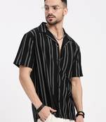 men's black cuban collar relaxed fit striped shirt