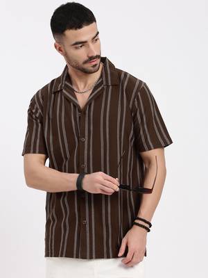 men's brown cuban collar relaxed fit striped shirt 1