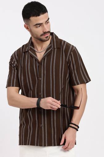men's brown cuban collar relaxed fit striped shirt