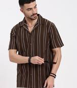 men's brown cuban collar relaxed fit striped shirt