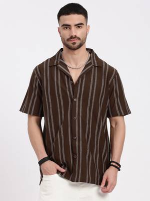 men's brown cuban collar relaxed fit striped shirt 2