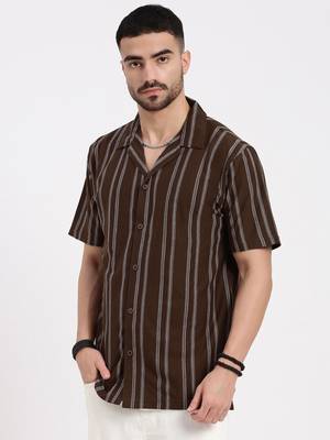 men's brown cuban collar relaxed fit striped shirt 3