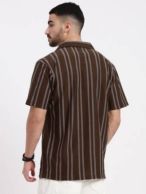 men's brown cuban collar relaxed fit striped shirt 4