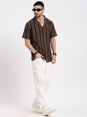 men's brown cuban collar relaxed fit striped shirt 5
