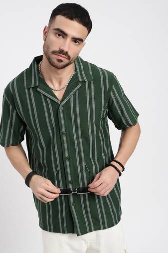 men's green cuban collar relaxed fit striped shirt